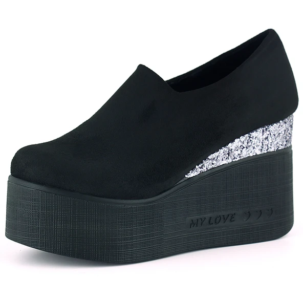 Erkan Saçmacı Lumi Siyah Süet Yuvarlak Burun Taşlı Gizli Dolgu Topuklu Günlük Ayakkabı ürün görseli 1