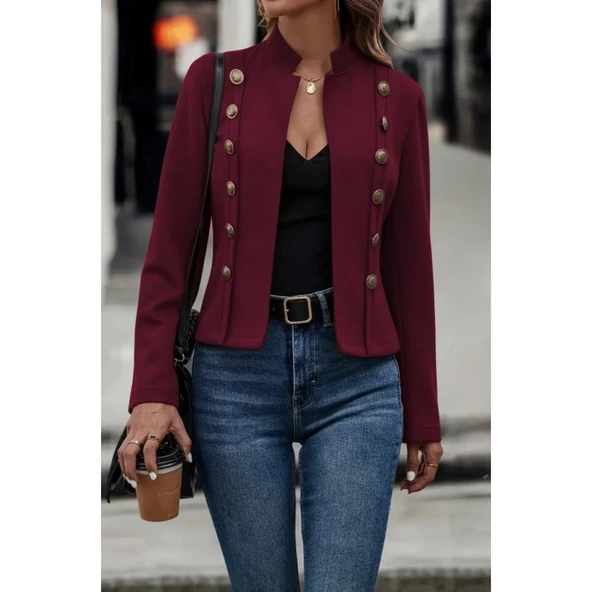 Lucky Life Kadın Uzun Kollu Hakim Yaka Yanlardan Düğmeli Kısa Süet Ceket - Resim 2