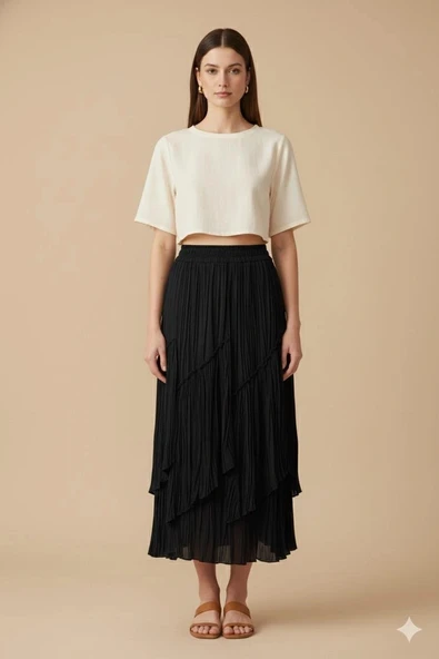 Sentez 5475 Viola Parçalı Kırıştırma Etek - Siyah ürün görseli 1