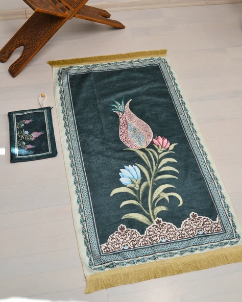 Pratik ve Taşınabilir İpek Dokulu Çantalı Seccade Lale Desenli Yeşil  Fermuarlı - Resim 5