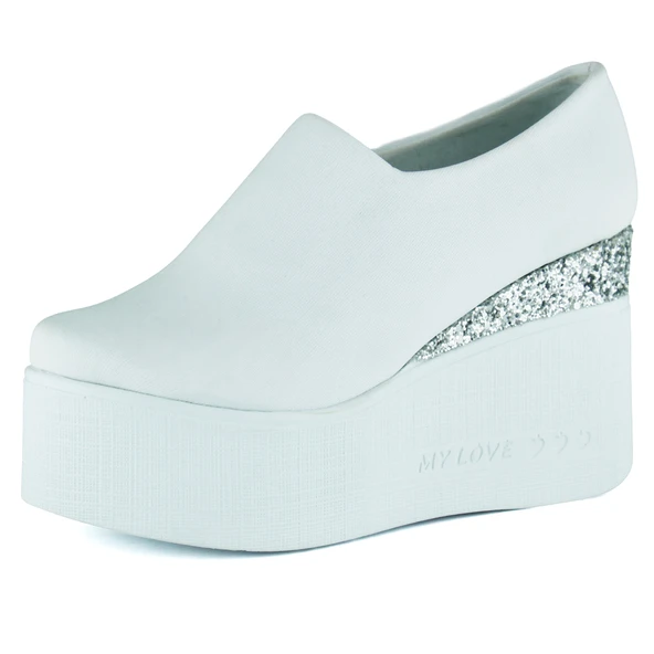 Erkan Saçmacı Lumi Beyaz Streç Yuvarlak Burun Taşlı Gizli Dolgu Topuklu Günlük Ayakkabı ürün görseli 1