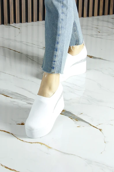 Erkan Saçmacı Lumi Beyaz Streç Yuvarlak Burun Taşlı Gizli Dolgu Topuklu Günlük Ayakkabı - Resim 5