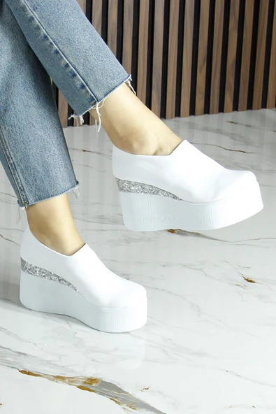 Erkan Saçmacı Lumi Beyaz Streç Yuvarlak Burun Taşlı Gizli Dolgu Topuklu Günlük Ayakkabı - Resim 3