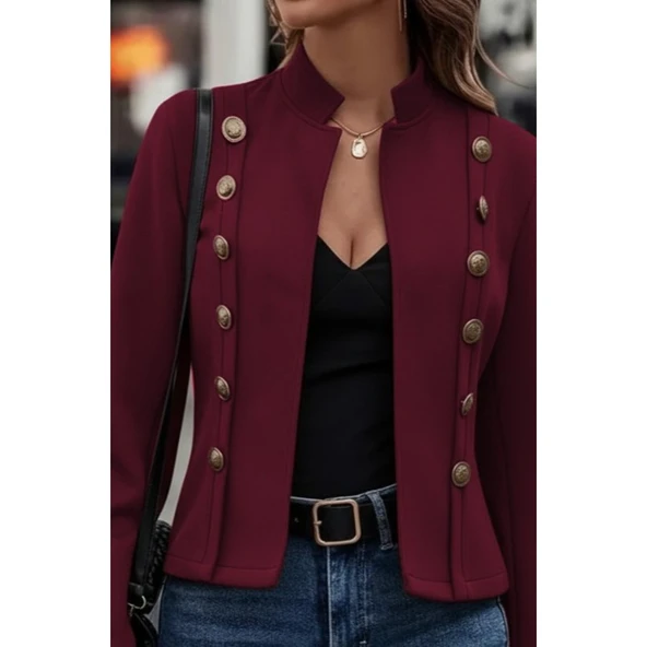 Lucky Life Kadın Uzun Kollu Hakim Yaka Yanlardan Düğmeli Kısa Süet Ceket ürün görseli 1