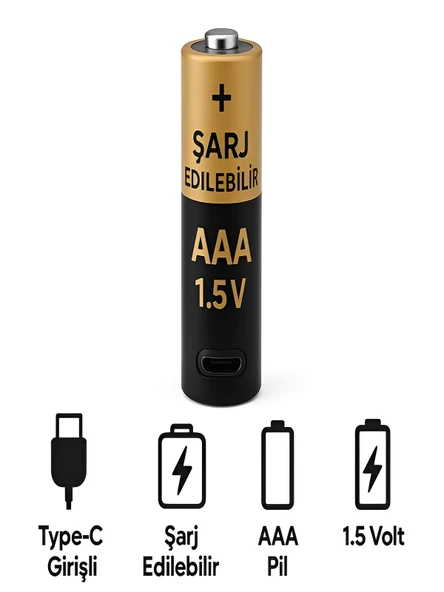 Type-C Şarjlı 800mWh 1.5V Şarj Edilebilir 2'li AAA İnce Pil - lityum iyon Batarya - Resim 2