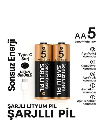 Type-C Şarjlı 2800mWh 1.5V Şarj Edilebilir 2'li AA Kalın Pil - lityum iyon Batarya ürün görseli 1