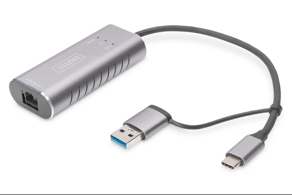 Digitus USB Tip C™ Gigabit Ethernet Adaptörü 2.5G, USB-C™ + USB-A (USB 3.1/3.0)<br>
Digitus USB Type C™ Gigabit Ethernet Adapter 2.5G, USB-C™ + USB-A (USB 3.1/3.0) ürün görseli 1