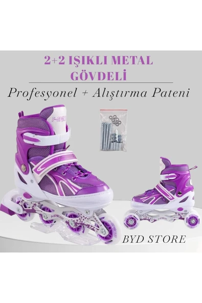 2 2 Işıklı Metal Gövdeli Profesyonel Ve Alıştırma Çocuk Pateni ürün görseli 1