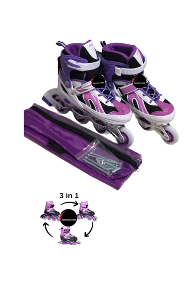 Işıklı Çocuk Pateni Silikon Ayarlanabilir Teker Metal Gövde Numaralı Çantalı 3 In 1 - Resim 3