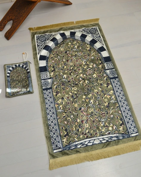 Pratik ve Taşınabilir İpek Dokulu Çantalı Seccade Ravza Desenli Fermuarlı - Resim 5