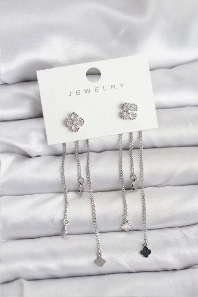 Pirinç Gümüş Renk Yonca Model Sallantılı Kadın Küpe ürün görseli 1