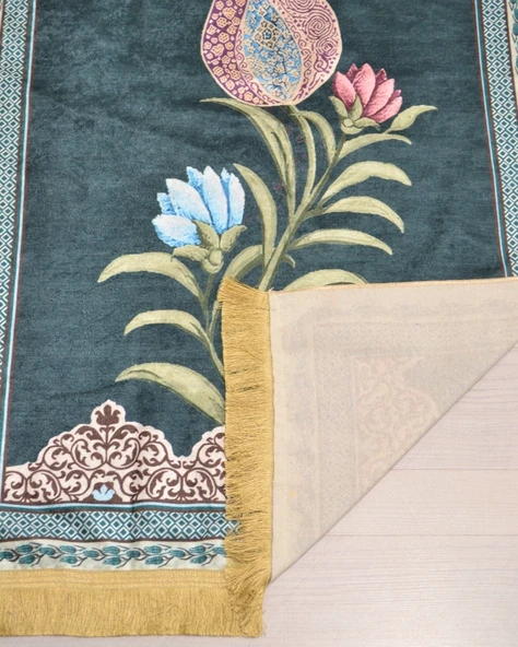 Pratik ve Taşınabilir İpek Dokulu Çantalı Seccade Lale Desenli Yeşil  Fermuarlı - Resim 4