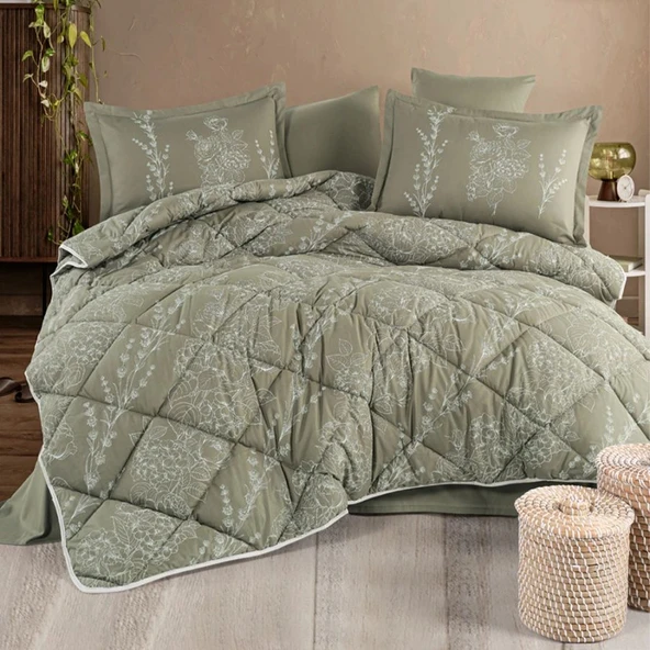 Clasy Ranforce %100 Pamuk Çift Kişilik Yorgan Seti Vinya V1 Yeşil ürün görseli 1