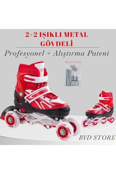 2 2 Işıklı Metal Gövdeli Profesyonel Ve Alıştırma Kırmızı Kız Erkek Çocuk Pateni ürün görseli 1