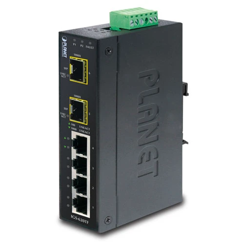 Endüstriyel Tip Yönetilemeyen Ethernet Switch (Industrial Unmanaged Ethernet Switch)<br>
4 x 10/100/1000Base-T<br>
2 x 1000BASE-SX/LX/BX SFP/mini-GBIC yuva (Port-5 ve Port-6), 100Base-FX S ürün görseli 1