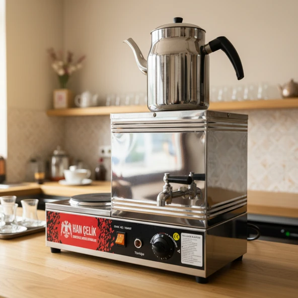 Han Çelik Tek Demlikli Pleytli Endüstriyel Elektrikli Çay Kazanı - Demlik Hediyeli - Resim 3