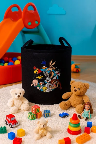 Keçe Oyuncak Sepeti Çizgi Film Desenli, Katlanabilir Kulplu, Çocuk Odası Düzenleyici 38x39 ürün görseli 1
