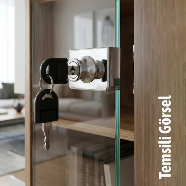 Master Çekmece Cam Kilidi ÇİFTLİ Kare ( KROM ) Çift Anahtarlı Camlı Kapaklar İçin Kilit - Resim 2