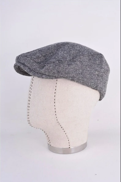Kışlık Kaşe Şapka Yün Düz Renk Spor London Kasket -Gri Çizgili - Resim 6