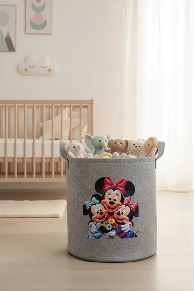 Keçe Oyuncak Sepeti Çizgi Film Desenli, Katlanabilir Kulplu, Çocuk Odası Düzenleyici 38x39 - Resim 3