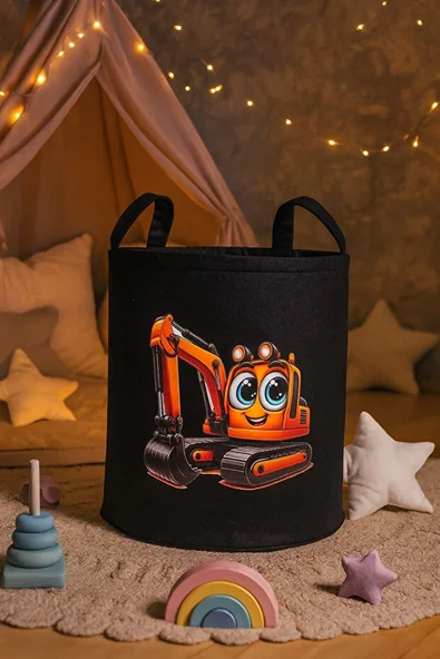 Siyah Keçe Oyuncak Sepeti Çizgi Film Kepçe Desenli, Katlanabilir Kulplu, Çocuk Odası Düzenleyici - Resim 2