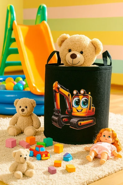 Siyah Keçe Oyuncak Sepeti Çizgi Film Kepçe Desenli, Katlanabilir Kulplu, Çocuk Odası Düzenleyici - Resim 6