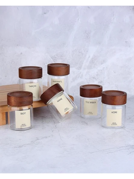 Mien MEN 70911 Ahşap Kapaklı Cam Baharat Seti 200 cc 6'lı ürün görseli 1