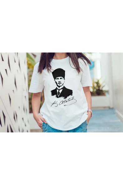 EYDXLMUG Atatürk Baskılı Beyaz Unısex T-shırt ürün görseli 1