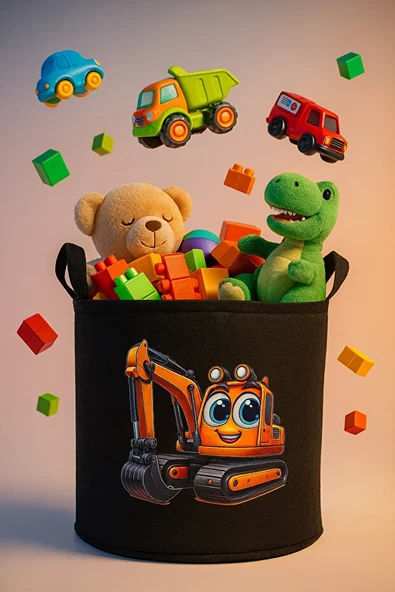 Siyah Keçe Oyuncak Sepeti Çizgi Film Kepçe Desenli, Katlanabilir Kulplu, Çocuk Odası Düzenleyici - Resim 3