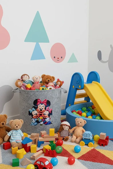 Keçe Oyuncak Sepeti Çizgi Film Desenli, Katlanabilir Kulplu, Çocuk Odası Düzenleyici 38x39 - Resim 6