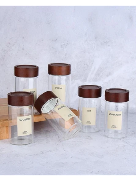 Mien MEN 70913 Ahşap Kapaklı Cam Baharat Seti 300 cc 6'lı ürün görseli 1