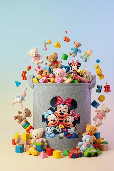 Keçe Oyuncak Sepeti Çizgi Film Desenli, Katlanabilir Kulplu, Çocuk Odası Düzenleyici 38x39 - Resim 2