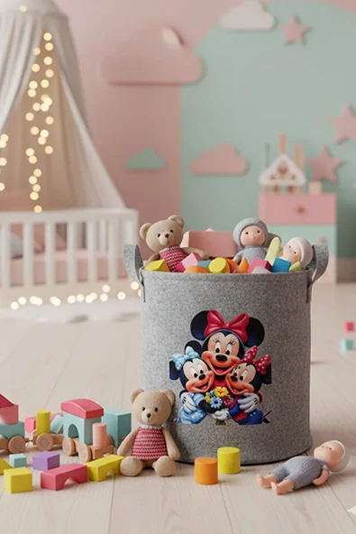 Keçe Oyuncak Sepeti Çizgi Film Desenli, Katlanabilir Kulplu, Çocuk Odası Düzenleyici 38x39 ürün görseli 1