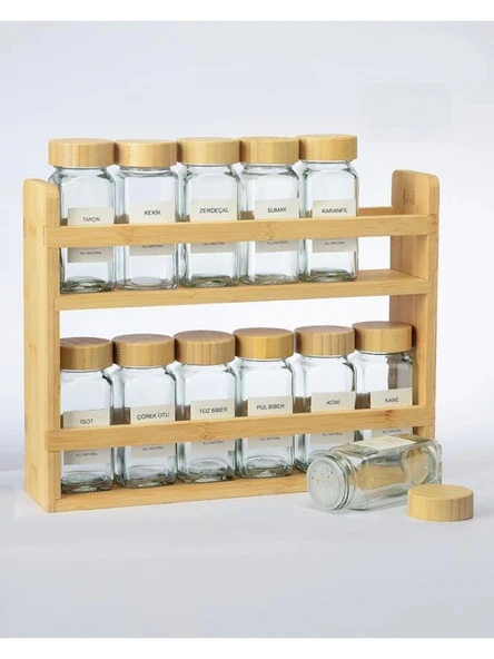 Mien MEN 711912 Bambu Standlı ve Kapaklı Cam Baharat Seti 4,7x10,5 cm 120 ml 12'li ürün görseli 1