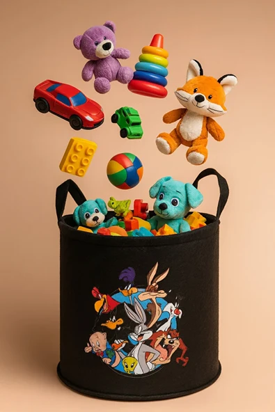 Keçe Oyuncak Sepeti Çizgi Film Desenli, Katlanabilir Kulplu, Çocuk Odası Düzenleyici 38x39 - Resim 3