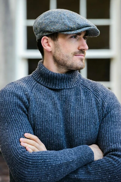 Kışlık Kaşe Şapka Yün Düz Renk Spor London Kasket -Gri Çizgili ürün görseli 1