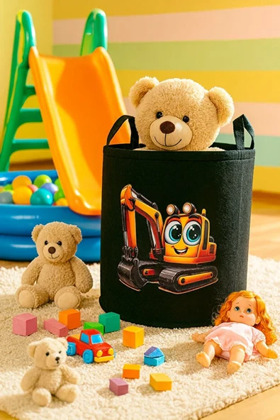 Siyah Keçe Oyuncak Sepeti Çizgi Film Kepçe Desenli, Katlanabilir Kulplu, Çocuk Odası Düzenleyici ürün görseli 1