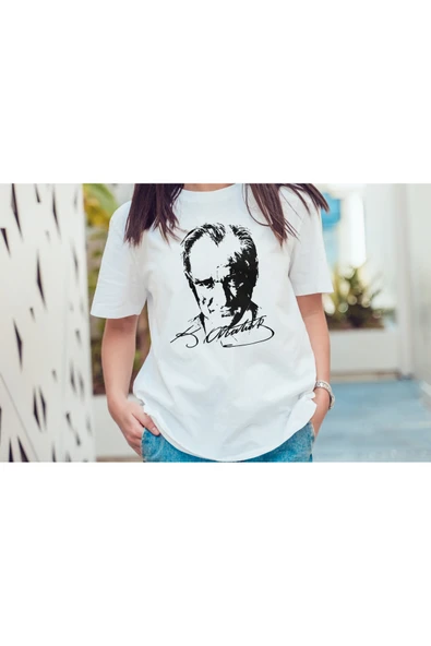 EYDXLMUG Atatürk Baskılı Beyaz Unısex T-shırt ürün görseli 1