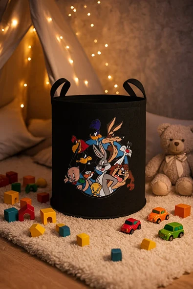 Keçe Oyuncak Sepeti Çizgi Film Desenli, Katlanabilir Kulplu, Çocuk Odası Düzenleyici 38x39 - Resim 6
