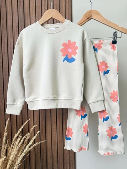 LUCCO KIZ ÇOCUK ÇİÇEK DESENLİ 3 İPLİK ŞARDONSUZ GENİŞ PAÇA TAYTLI TAKIM - Resim 2