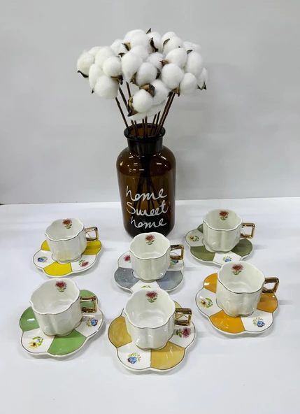 Porselen Kahve Takımı 6 Kişilik | Özel Tasarım, 6 Farklı Renk | 90 ml - Resim 2
