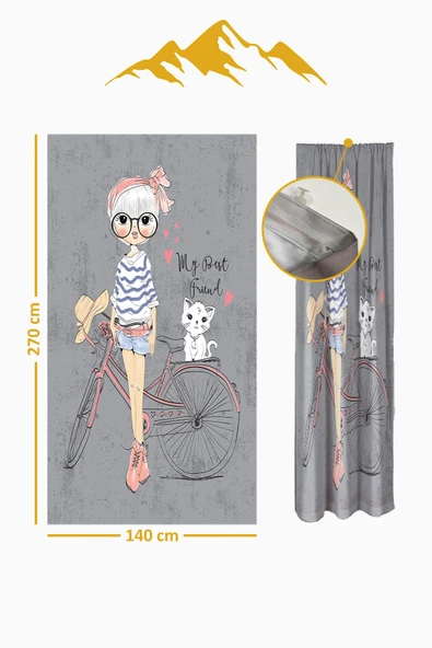 Kız Figürlü Çift Kanat Çocuk Odası Fon Perde Takımı PRD0059 RENKLİ 140 X 270 - Resim 2