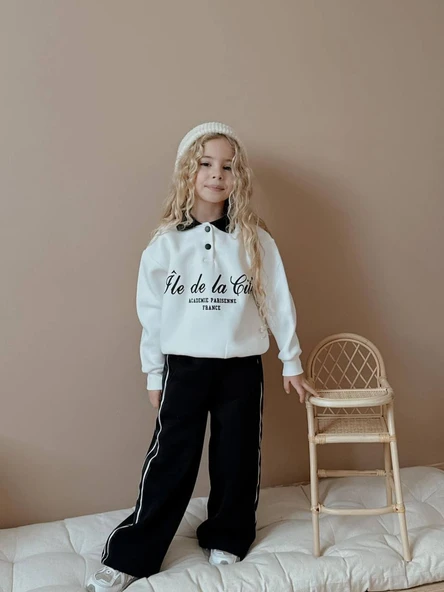 KIZ ÇOCUK YAKA MODELLİ DÜĞMELİ GENİŞ PAÇALI 3 İPLİK EŞOFMAN TAKIMI - Resim 3