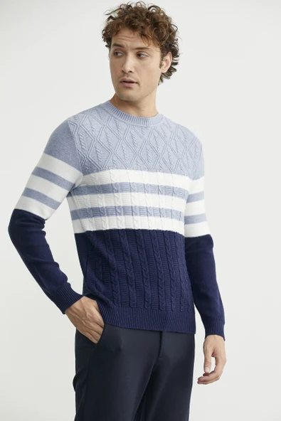 Blok Renk Geçişli Triko Kazak - Lacivert - Resim 3