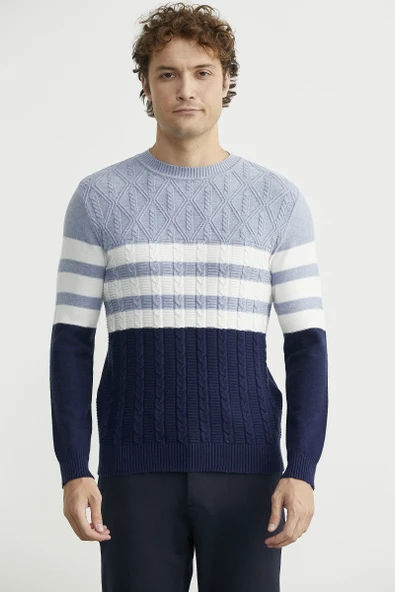 Blok Renk Geçişli Triko Kazak - Lacivert - Resim 2