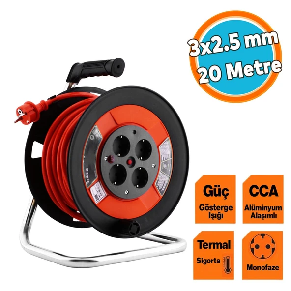 Seyyar Plastik Makaralı Monofaze Uzatma Kablosu 3x2.5 mm 20 Metre CCA Alüminyum Alaşım Kablo 4 Priz ürün görseli 1