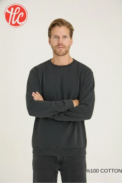 Kly Unisex Relax Fit Rahat Kesim %100 Pamuklu Yumuşak Dokulu Şardonsuz Bisiklet Yaka Sweatshirt - Resim 9