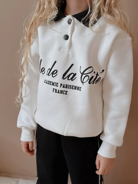 KIZ ÇOCUK YAKA MODELLİ DÜĞMELİ GENİŞ PAÇALI 3 İPLİK EŞOFMAN TAKIMI - Resim 4