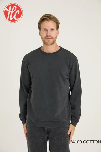 Kly Unisex Relax Fit Rahat Kesim %100 Pamuklu Yumuşak Dokulu Şardonsuz Bisiklet Yaka Sweatshirt - Resim 6