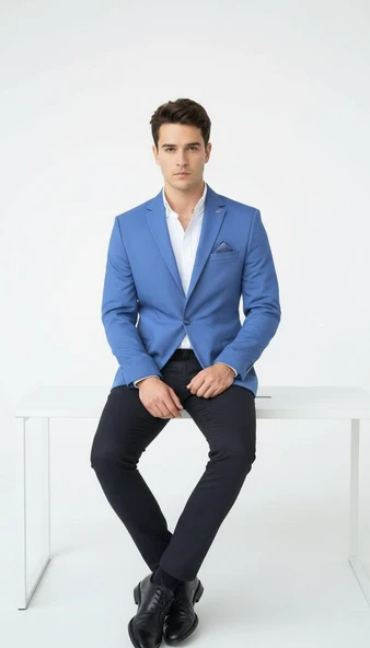 Erkek Slim Fit Blazer Ceket Açık İndigo – Tek Düğmeli – Şık Günlük & Ofis Kombinleri için – Tam Astar - Resim 2